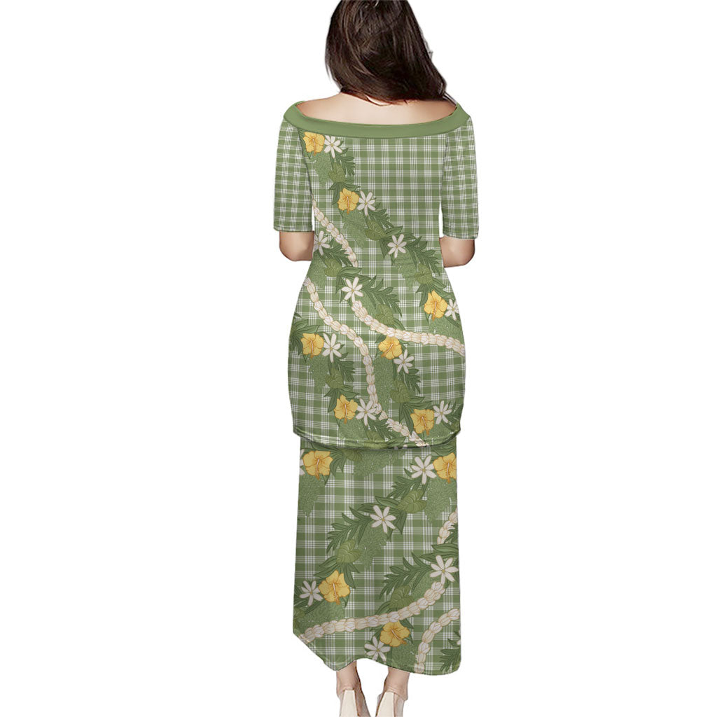 Aloha Puakenikeni Anthurium Pikake Lei Family Matching Puletasi and Hawaiian Shirt Green Hawaiian Palaka Pattern
