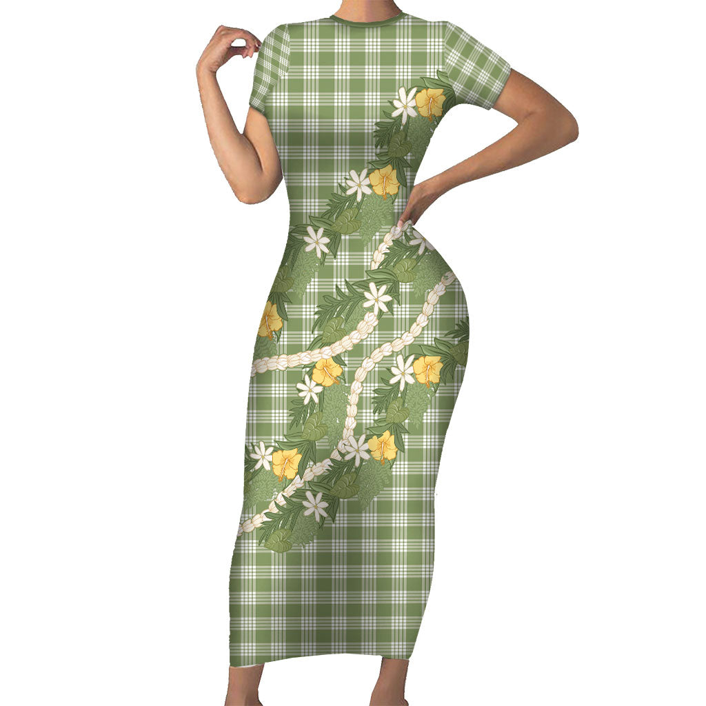Aloha Puakenikeni Anthurium Pikake Lei Family Matching Short Sleeve Bodycon Dress and Hawaiian Shirt Green Hawaiian Palaka Pattern