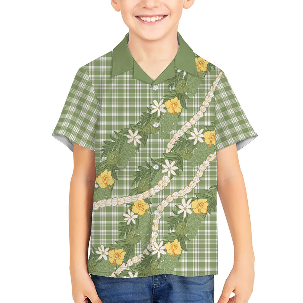 Aloha Puakenikeni Anthurium Pikake Lei Family Matching Short Sleeve Bodycon Dress and Hawaiian Shirt Green Hawaiian Palaka Pattern