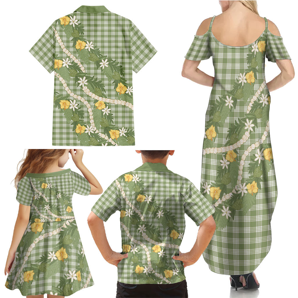 Aloha Puakenikeni Anthurium Pikake Lei Family Matching Summer Maxi Dress and Hawaiian Shirt Green Hawaiian Palaka Pattern