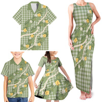 Aloha Puakenikeni Anthurium Pikake Lei Family Matching Tank Maxi Dress and Hawaiian Shirt Green Hawaiian Palaka Pattern