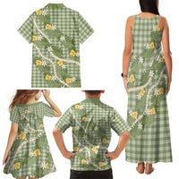 Aloha Puakenikeni Anthurium Pikake Lei Family Matching Tank Maxi Dress and Hawaiian Shirt Green Hawaiian Palaka Pattern