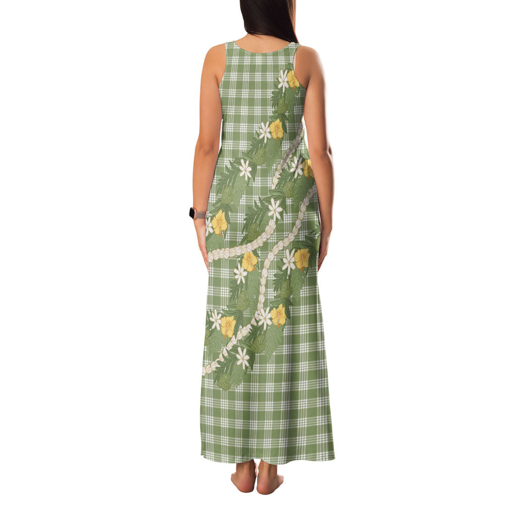 Aloha Puakenikeni Anthurium Pikake Lei Family Matching Tank Maxi Dress and Hawaiian Shirt Green Hawaiian Palaka Pattern