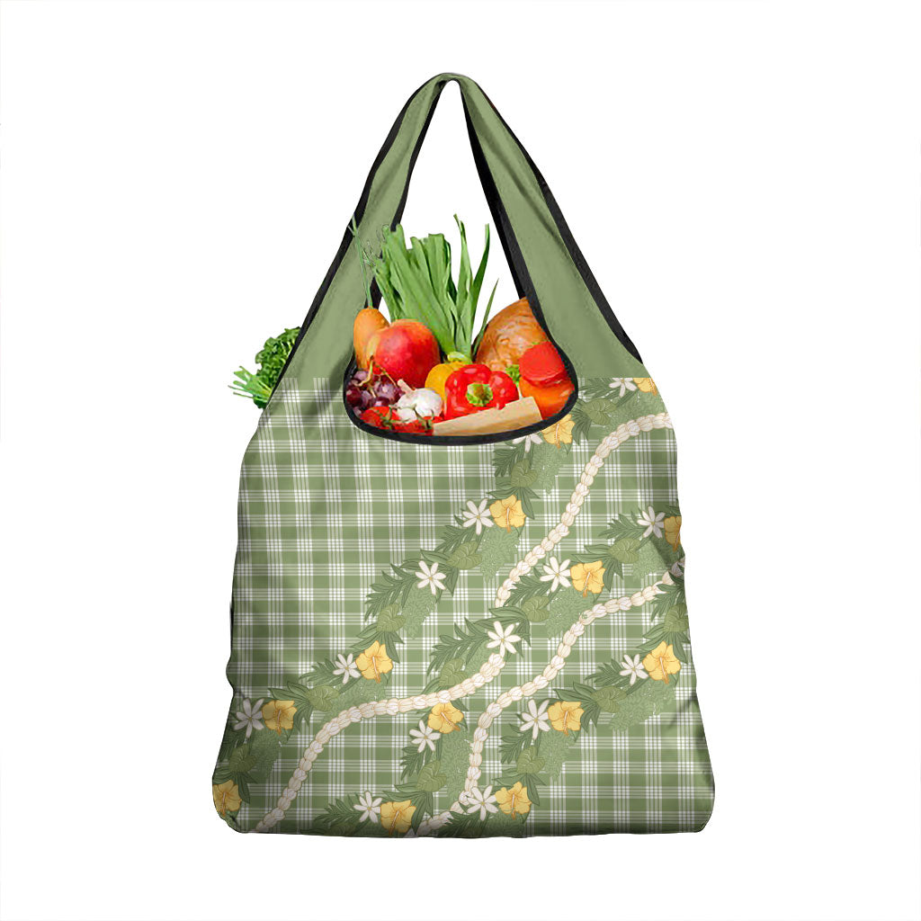 Aloha Puakenikeni Anthurium Pikake Lei Grocery Bag Green Hawaiian Palaka Pattern