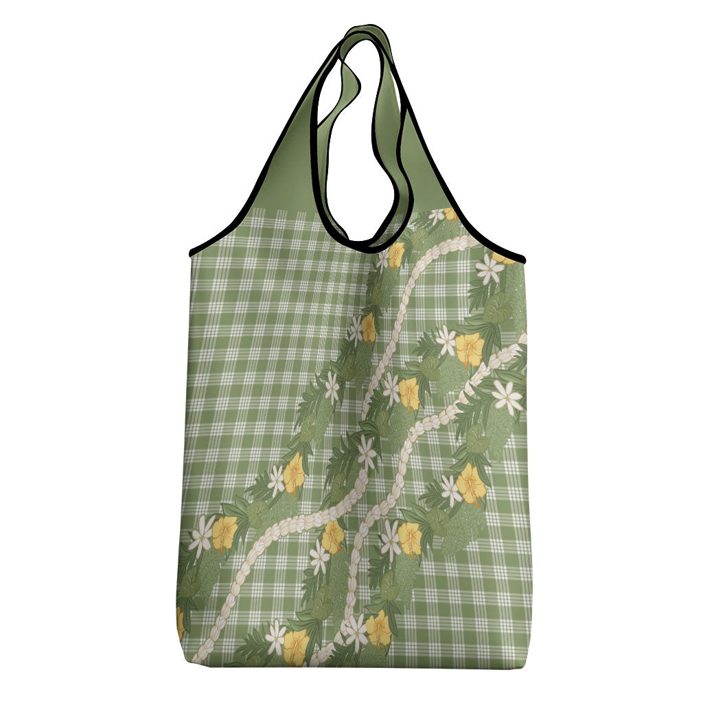Aloha Puakenikeni Anthurium Pikake Lei Grocery Bag Green Hawaiian Palaka Pattern