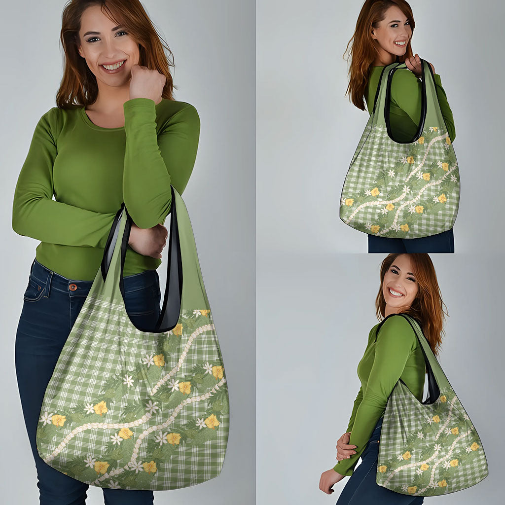 Aloha Puakenikeni Anthurium Pikake Lei Grocery Bag Green Hawaiian Palaka Pattern