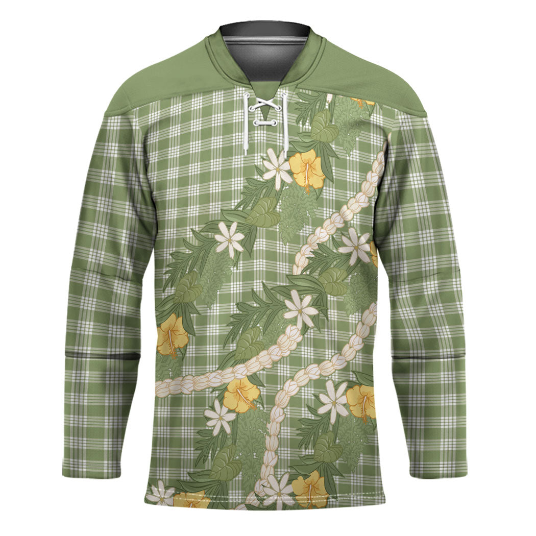 Aloha Puakenikeni Anthurium Pikake Lei Hockey Jersey Green Hawaiian Palaka Pattern