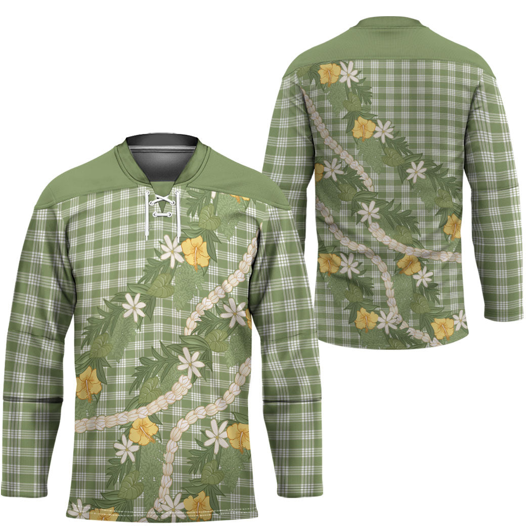 Aloha Puakenikeni Anthurium Pikake Lei Hockey Jersey Green Hawaiian Palaka Pattern