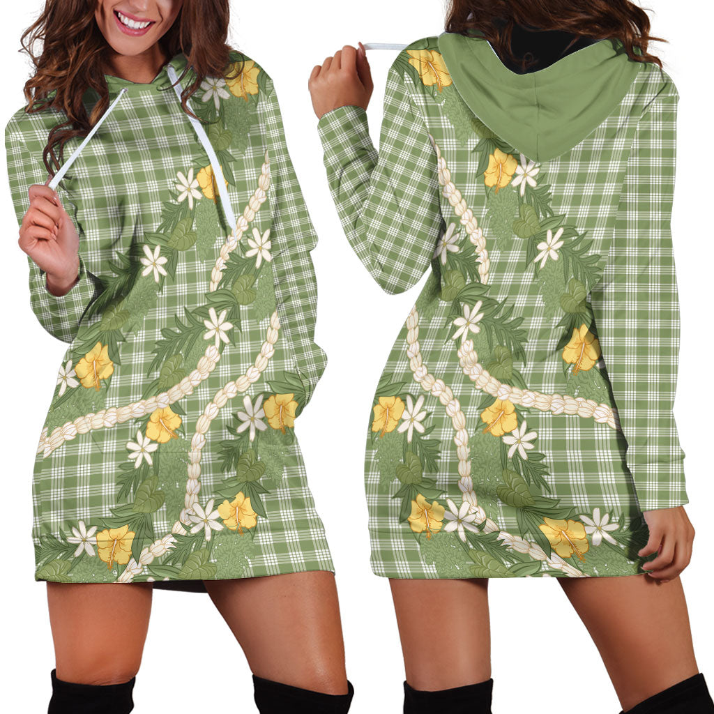 Aloha Puakenikeni Anthurium Pikake Lei Hoodie Dress Green Hawaiian Palaka Pattern