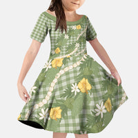 Aloha Puakenikeni Anthurium Pikake Lei Kid Short Sleeve Dress Green Hawaiian Palaka Pattern