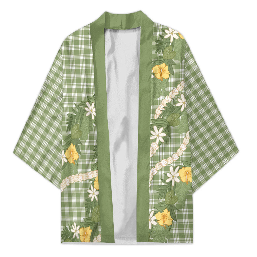 Aloha Puakenikeni Anthurium Pikake Lei Kimono Green Hawaiian Palaka Pattern