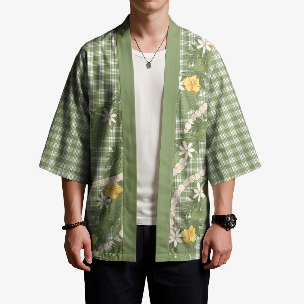 Aloha Puakenikeni Anthurium Pikake Lei Kimono Green Hawaiian Palaka Pattern