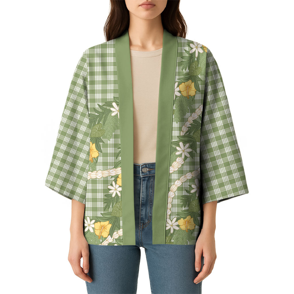 Aloha Puakenikeni Anthurium Pikake Lei Kimono Green Hawaiian Palaka Pattern