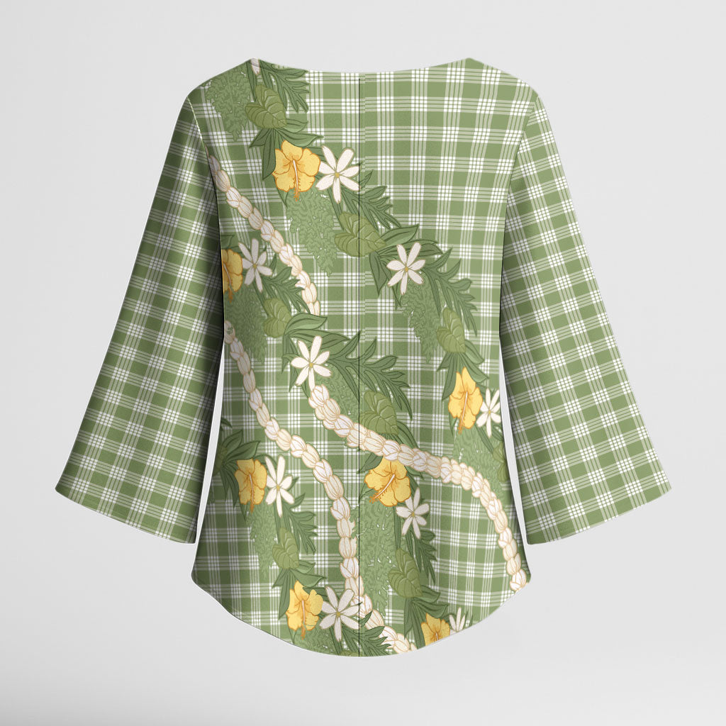 Aloha Puakenikeni Anthurium Pikake Lei Kimono Sleeve Blouse Green Hawaiian Palaka Pattern