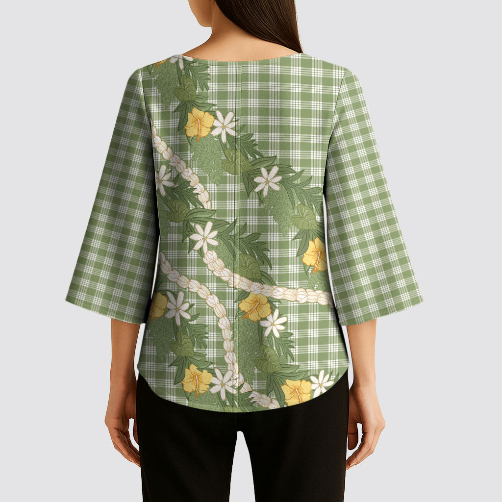 Aloha Puakenikeni Anthurium Pikake Lei Kimono Sleeve Blouse Green Hawaiian Palaka Pattern