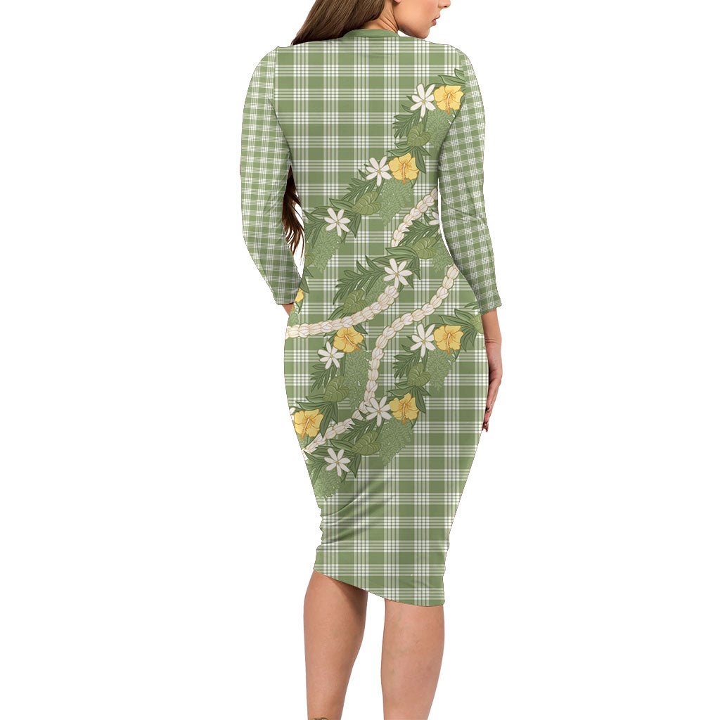 Aloha Puakenikeni Anthurium Pikake Lei Long Sleeve Bodycon Dress Green Hawaiian Palaka Pattern
