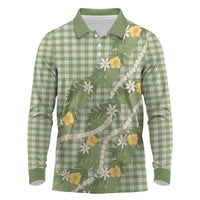 Aloha Puakenikeni Anthurium Pikake Lei Long Sleeve Polo Shirt Green Hawaiian Palaka Pattern