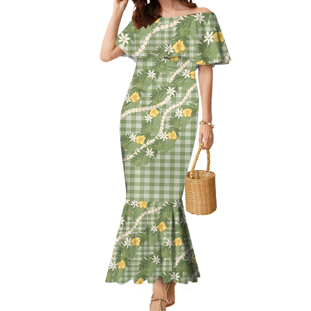 Aloha Puakenikeni Anthurium Pikake Lei Mermaid Dress Green Hawaiian Palaka Pattern LT9 Women Green - Polynesian Pride
