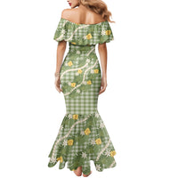 Aloha Puakenikeni Anthurium Pikake Lei Mermaid Dress Green Hawaiian Palaka Pattern