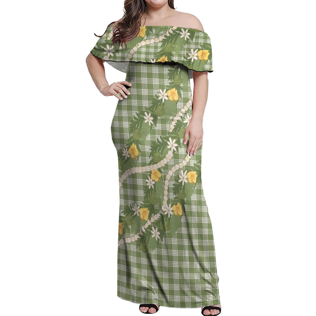 Aloha Puakenikeni Anthurium Pikake Lei Off Shoulder Maxi Dress Green Hawaiian Palaka Pattern LT9 Women Green - Polynesian Pride