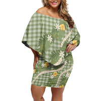 Aloha Puakenikeni Anthurium Pikake Lei Off Shoulder Short Dress Green Hawaiian Palaka Pattern