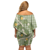 Aloha Puakenikeni Anthurium Pikake Lei Off Shoulder Short Dress Green Hawaiian Palaka Pattern