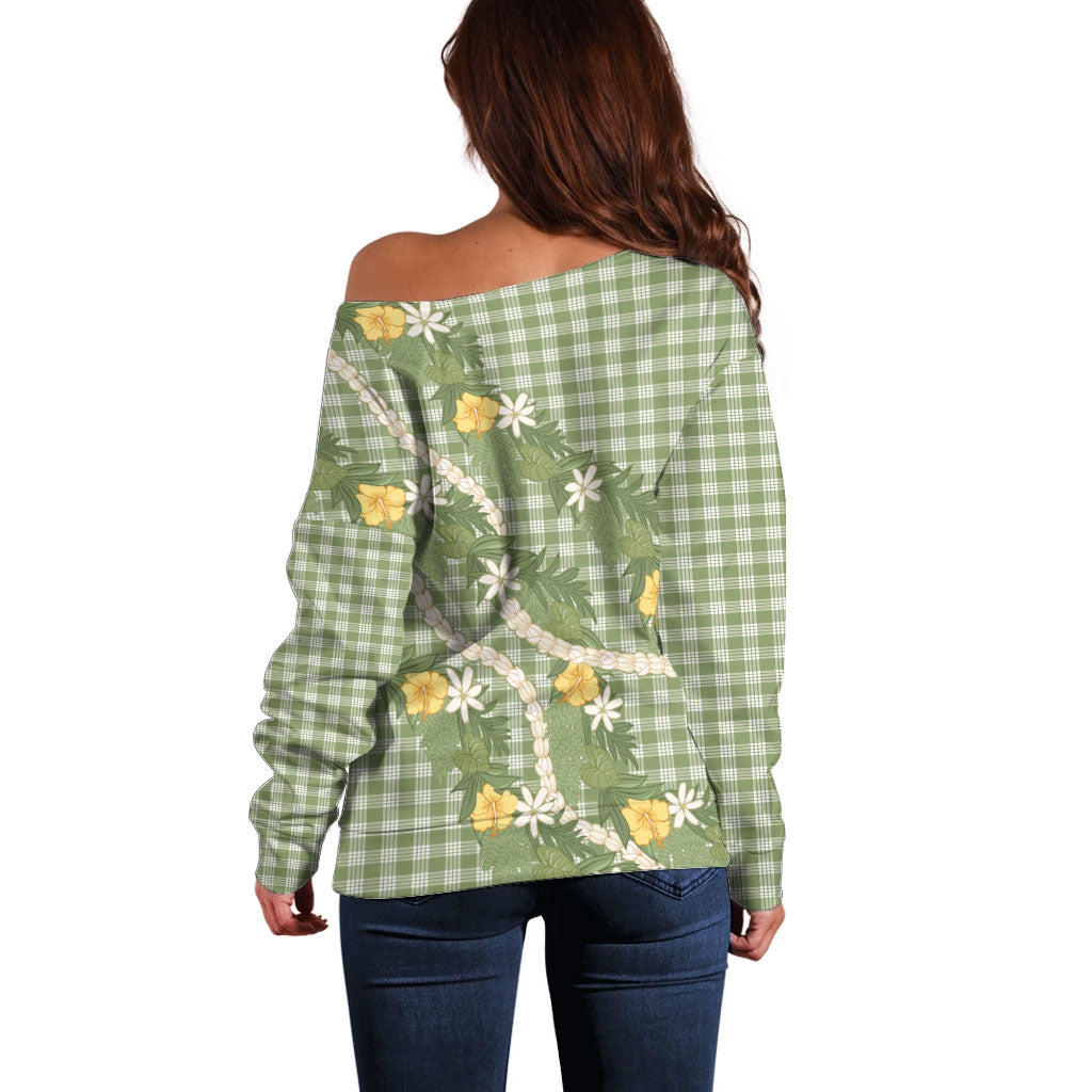 Aloha Puakenikeni Anthurium Pikake Lei Off Shoulder Sweater Green Hawaiian Palaka Pattern