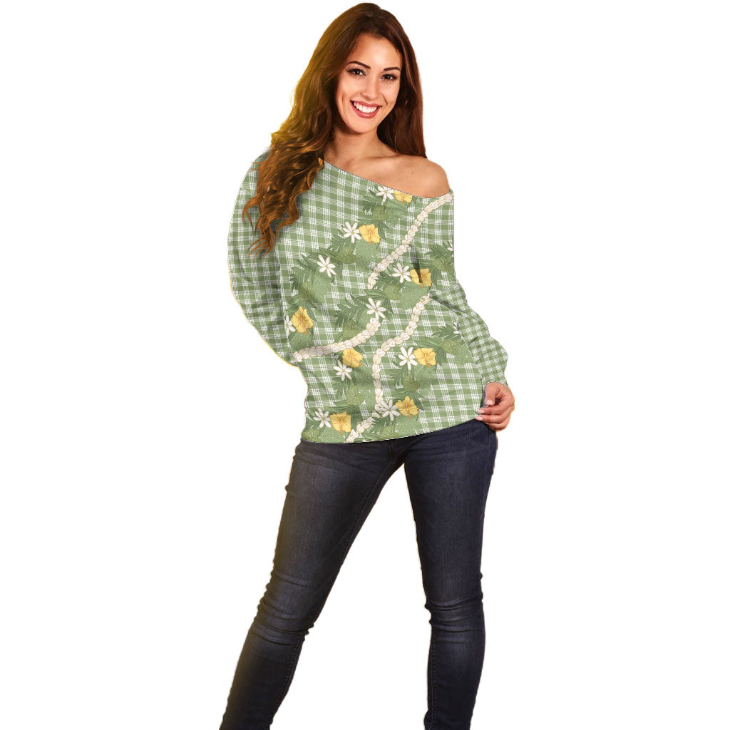 Aloha Puakenikeni Anthurium Pikake Lei Off Shoulder Sweater Green Hawaiian Palaka Pattern