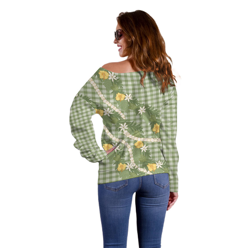Aloha Puakenikeni Anthurium Pikake Lei Off Shoulder Sweater Green Hawaiian Palaka Pattern