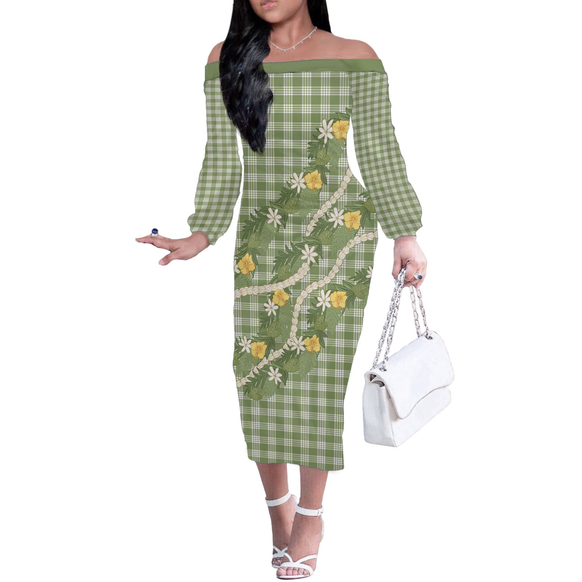 Aloha Puakenikeni Anthurium Pikake Lei Off The Shoulder Long Sleeve Dress Green Hawaiian Palaka Pattern