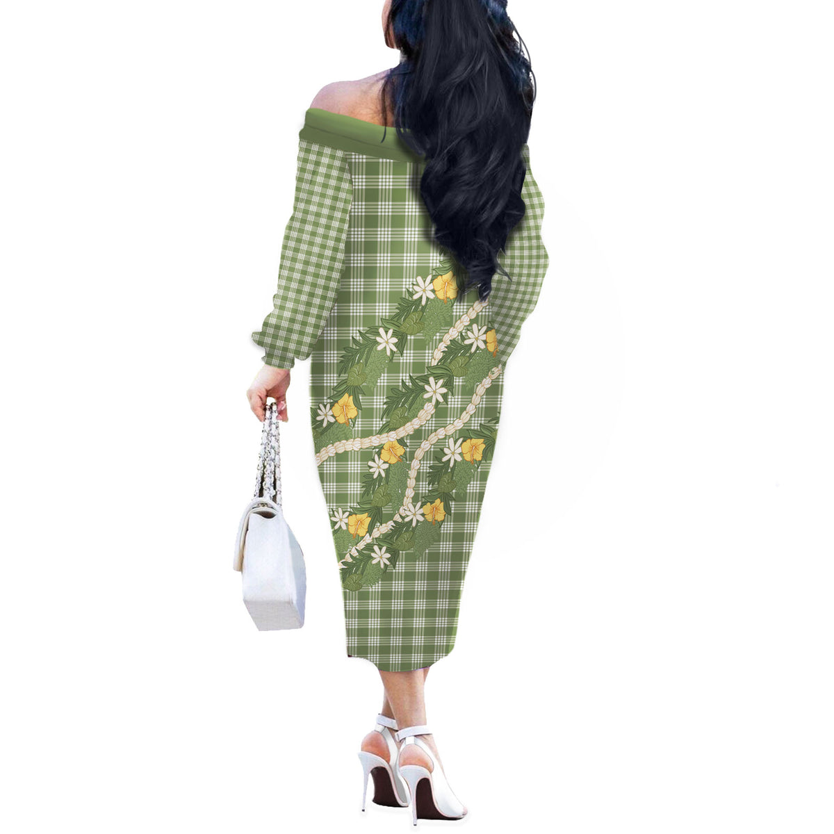 Aloha Puakenikeni Anthurium Pikake Lei Off The Shoulder Long Sleeve Dress Green Hawaiian Palaka Pattern