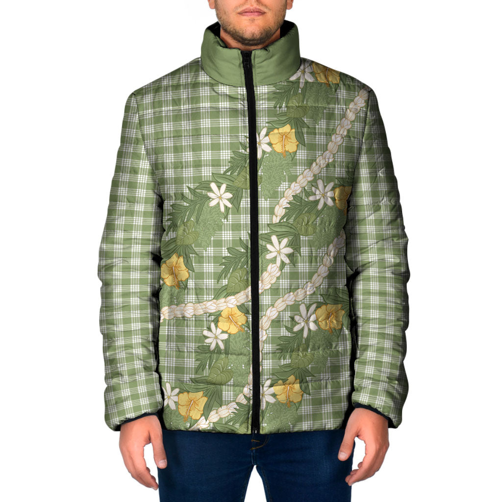 Aloha Puakenikeni Anthurium Pikake Lei Padded Jacket Green Hawaiian Palaka Pattern LT9 Men Green - Polynesian Pride