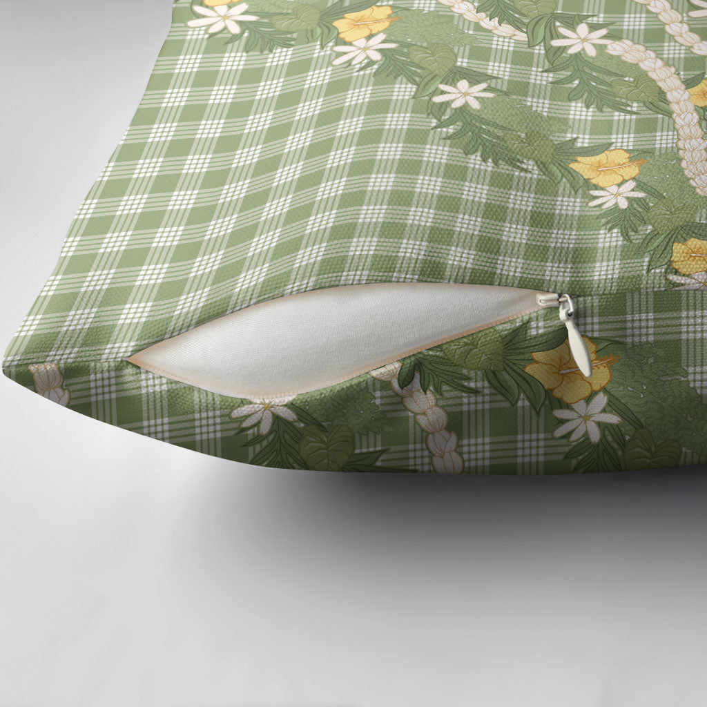 Aloha Puakenikeni Anthurium Pikake Lei Pillow Cover Green Hawaiian Palaka Pattern