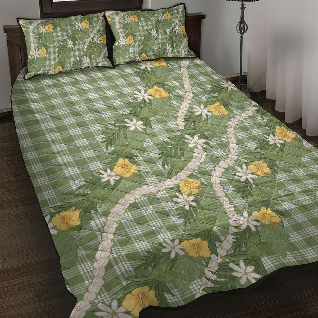 Aloha Puakenikeni Anthurium Pikake Lei Quilt Bed Set Green Hawaiian Palaka Pattern