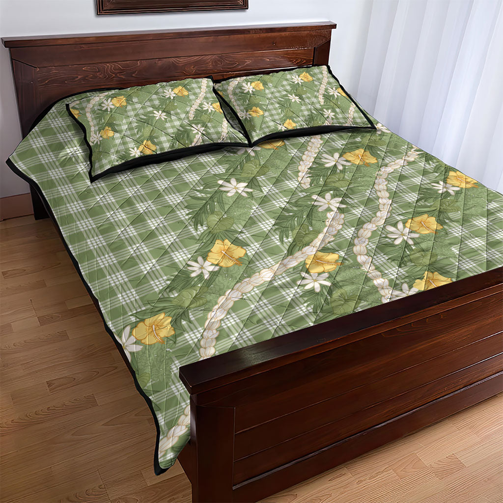 Aloha Puakenikeni Anthurium Pikake Lei Quilt Bed Set Green Hawaiian Palaka Pattern