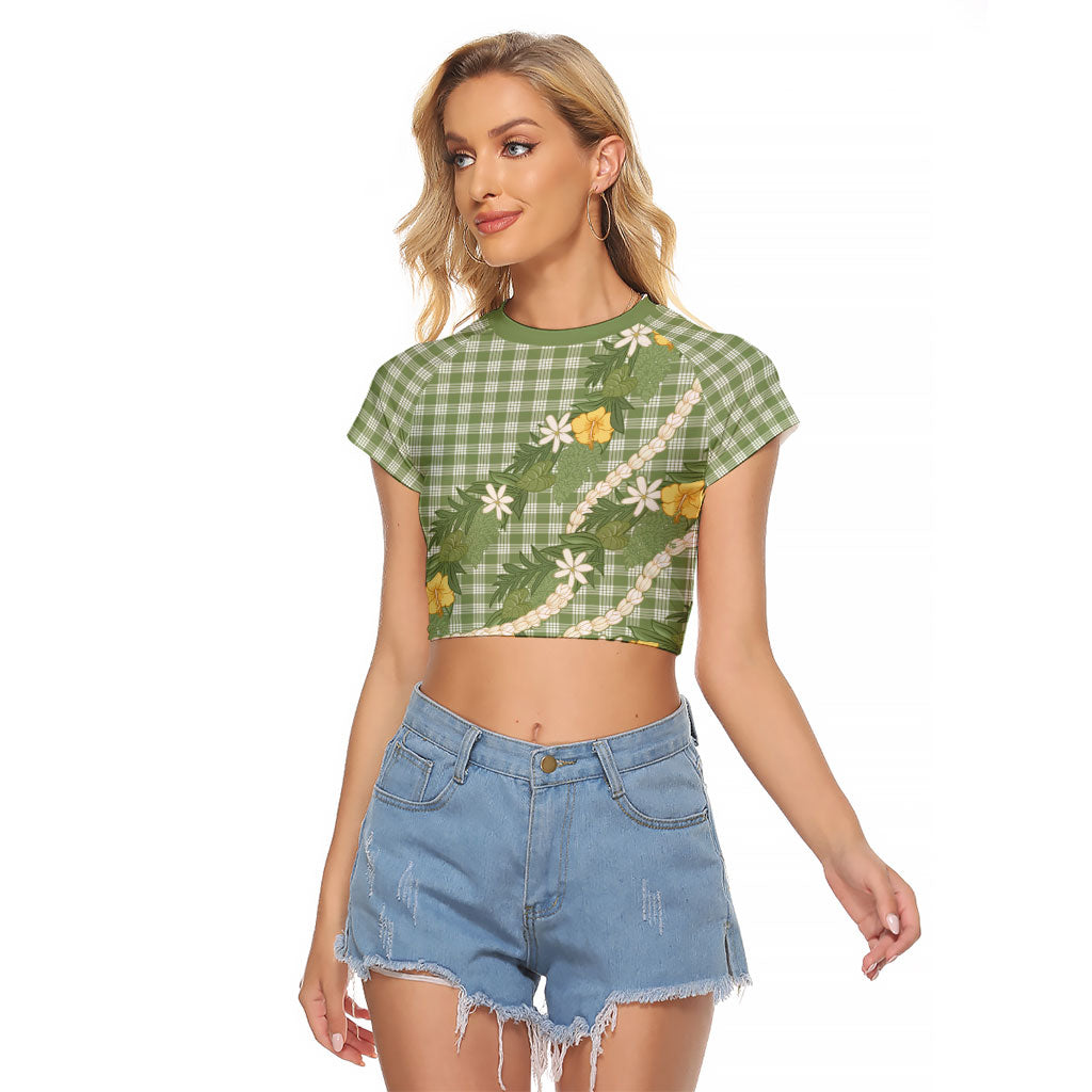 Aloha Puakenikeni Anthurium Pikake Lei Raglan Cropped T Shirt Green Hawaiian Palaka Pattern LT9 Female Green - Polynesian Pride