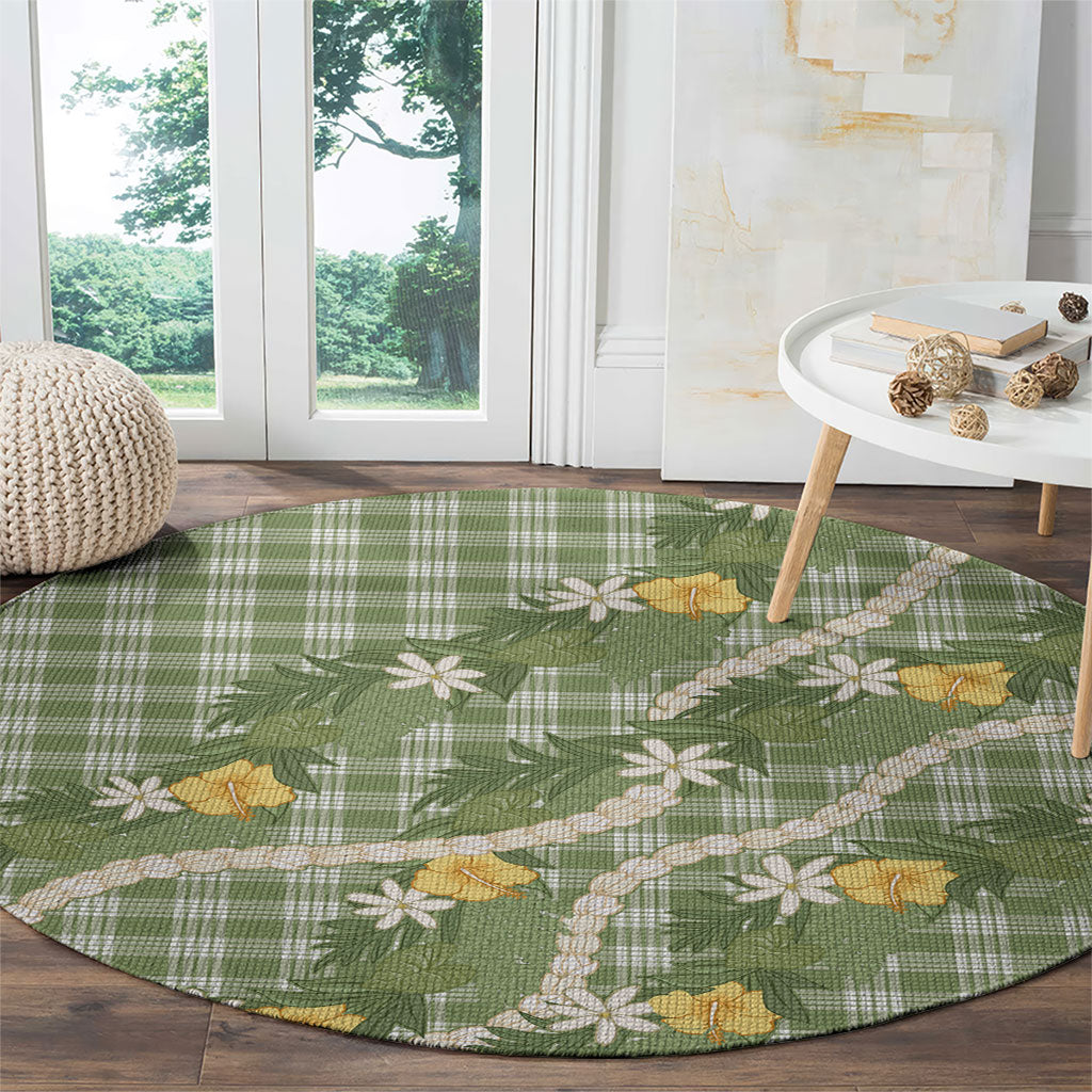 Aloha Puakenikeni Anthurium Pikake Lei Round Carpet Green Hawaiian Palaka Pattern