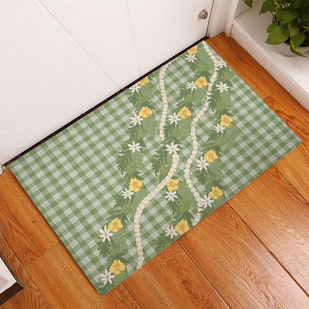 Aloha Puakenikeni Anthurium Pikake Lei Rubber Doormat Green Hawaiian Palaka Pattern