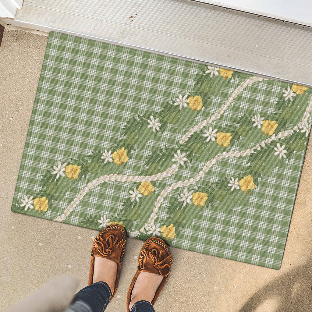 Aloha Puakenikeni Anthurium Pikake Lei Rubber Doormat Green Hawaiian Palaka Pattern