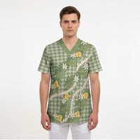 Aloha Puakenikeni Anthurium Pikake Lei Scrub Top Green Hawaiian Palaka Pattern