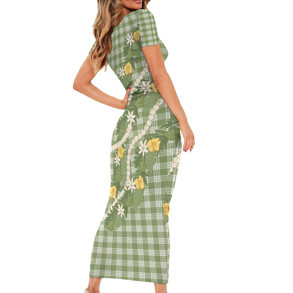 Aloha Puakenikeni Anthurium Pikake Lei Short Sleeve Bodycon Dress Green Hawaiian Palaka Pattern