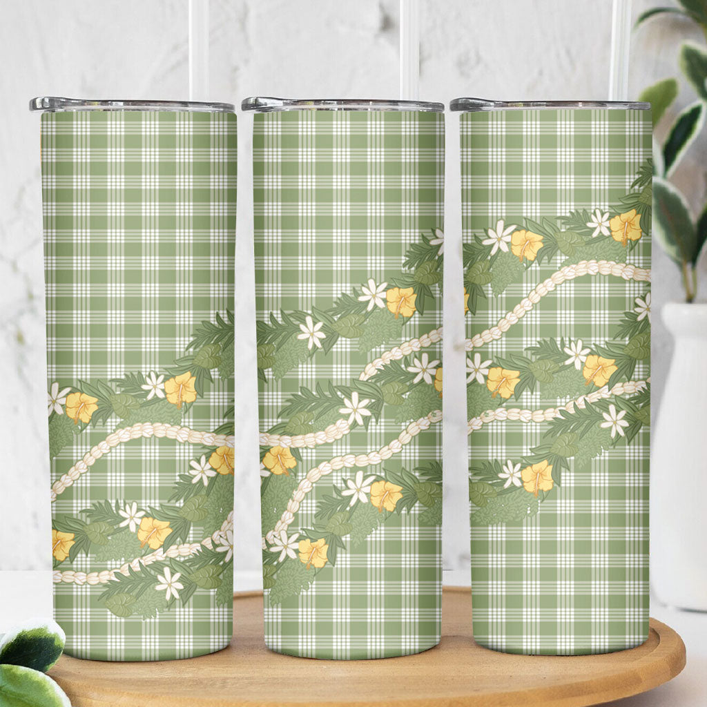 Aloha Puakenikeni Anthurium Pikake Lei Skinny Tumbler Green Hawaiian Palaka Pattern