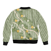 Aloha Puakenikeni Anthurium Pikake Lei Sleeve Zip Bomber Jacket Green Hawaiian Palaka Pattern