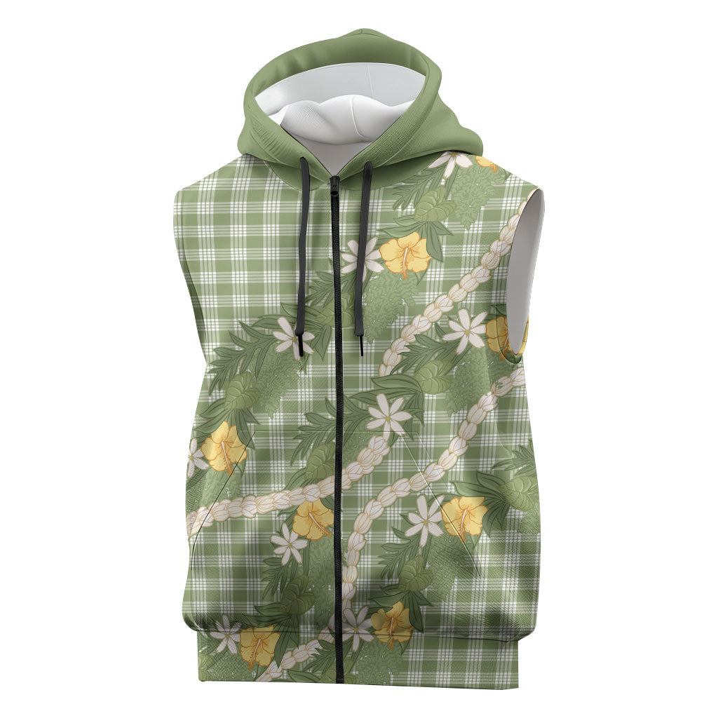 Aloha Puakenikeni Anthurium Pikake Lei Sleeveless Zip Hoodie Green Hawaiian Palaka Pattern LT9 Green - Polynesian Pride