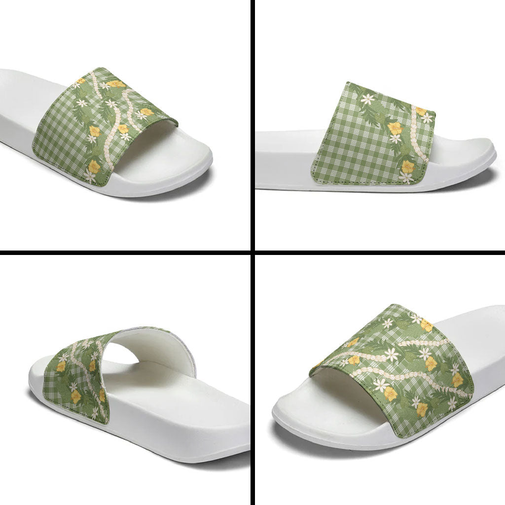 Aloha Puakenikeni Anthurium Pikake Lei Slide Sandals Green Hawaiian Palaka Pattern