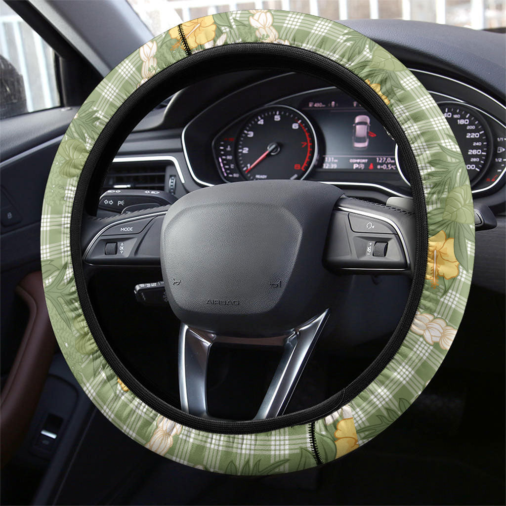 Aloha Puakenikeni Anthurium Pikake Lei Steering Wheel Cover Green Hawaiian Palaka Pattern
