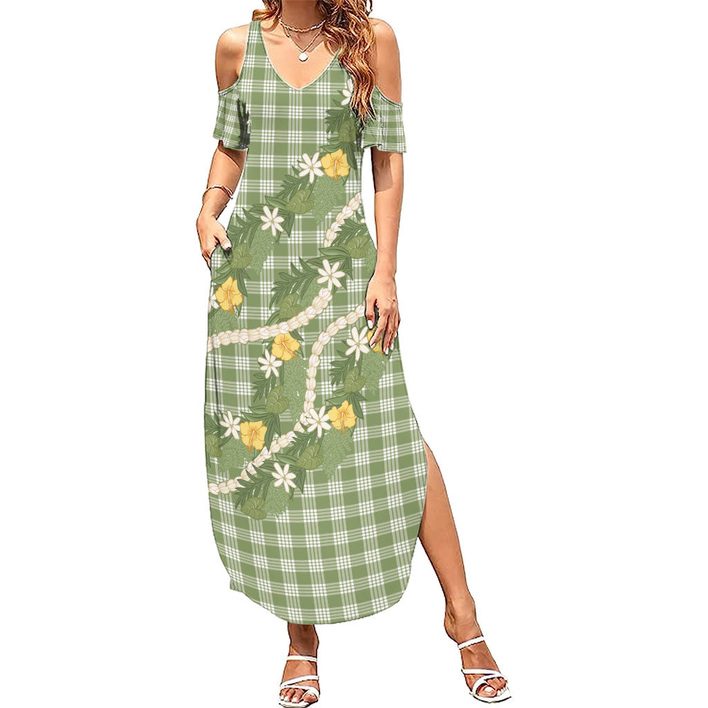 Aloha Puakenikeni Anthurium Pikake Lei Summer Maxi Dress Green Hawaiian Palaka Pattern
