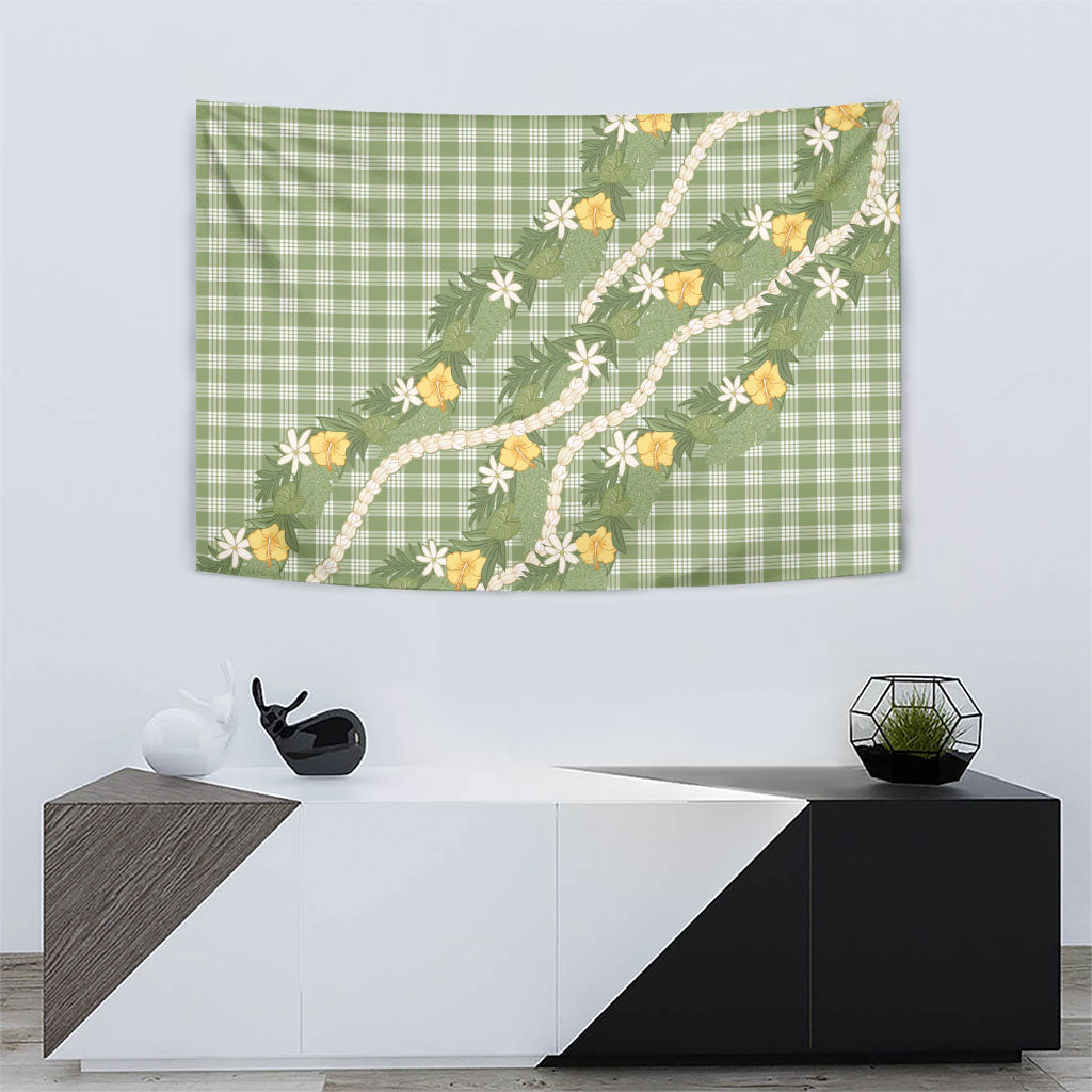 Aloha Puakenikeni Anthurium Pikake Lei Tapestry Green Hawaiian Palaka Pattern