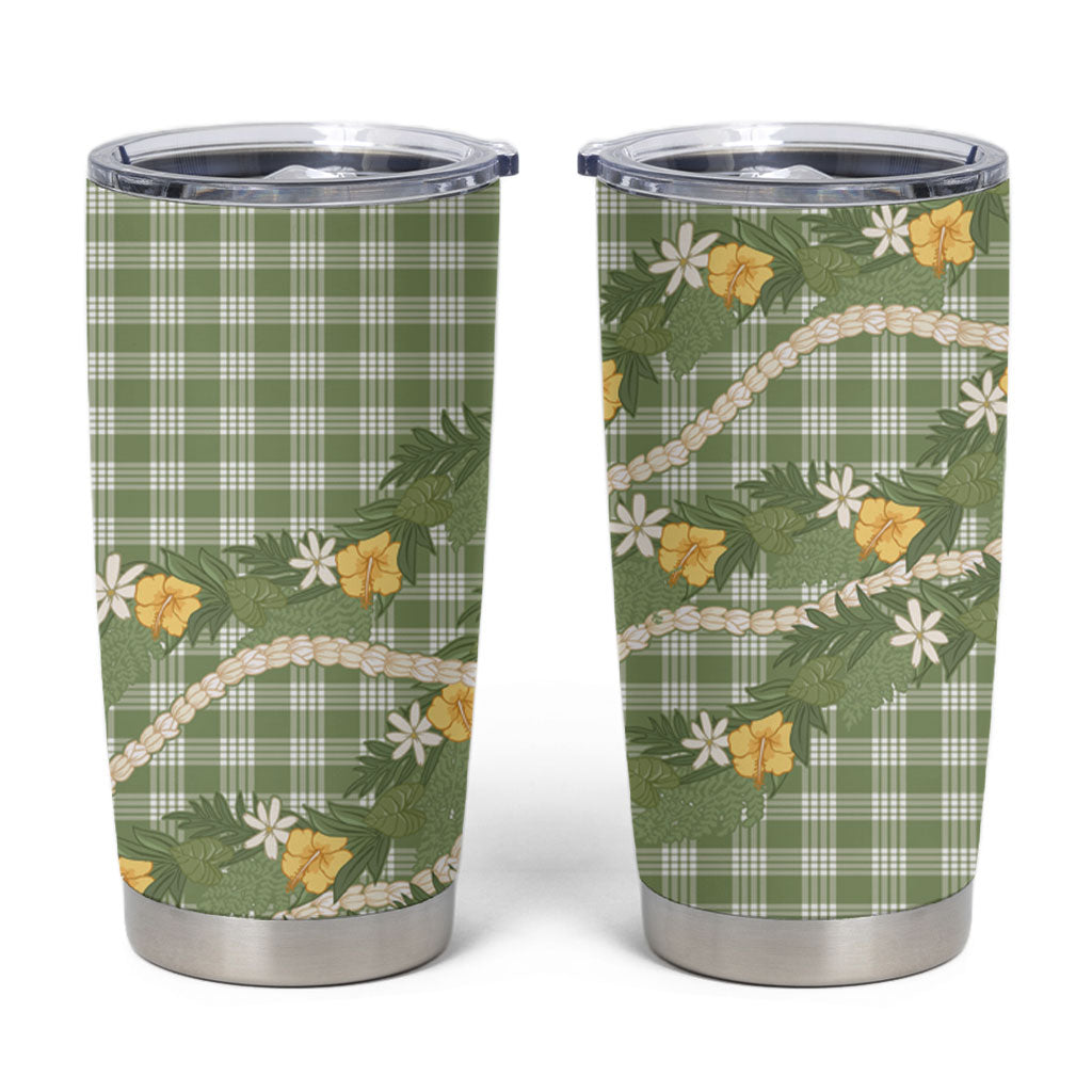 Aloha Puakenikeni Anthurium Pikake Lei Tumbler Cup Green Hawaiian Palaka Pattern