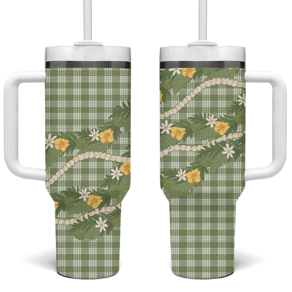 Aloha Puakenikeni Anthurium Pikake Lei Tumbler With Handle Green Hawaiian Palaka Pattern